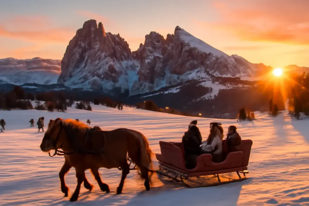 Slitta trainata da cavalli sulle Dolomiti: quando prenotare per goderti tramonti magici sulla neve